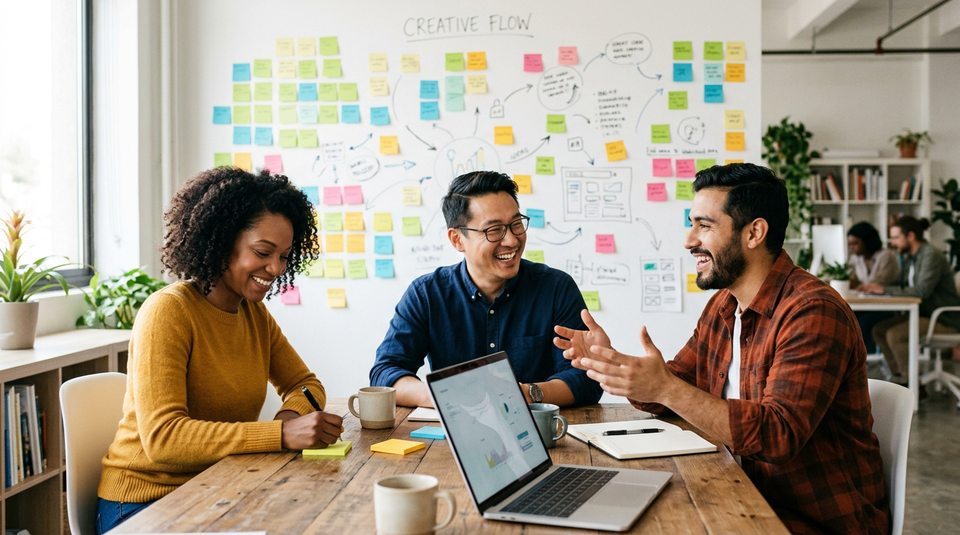 Petite équipe en atelier collaboratif autour d’un ordinateur portable et de notes.